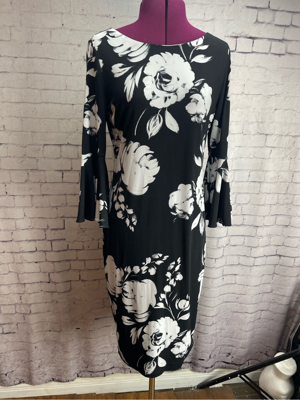 Calvin Klein size 8 black dress with white roses